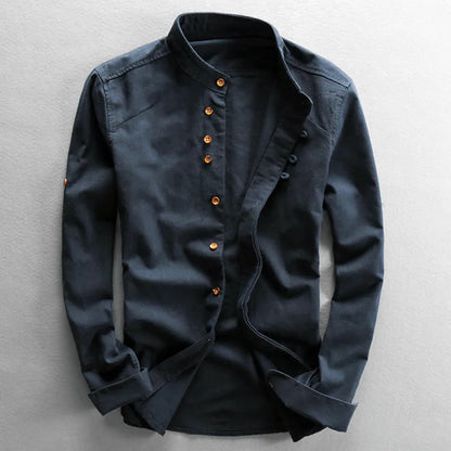 Men's Shirt Grandad Collar Long Sleeve Button Front Casual Fit