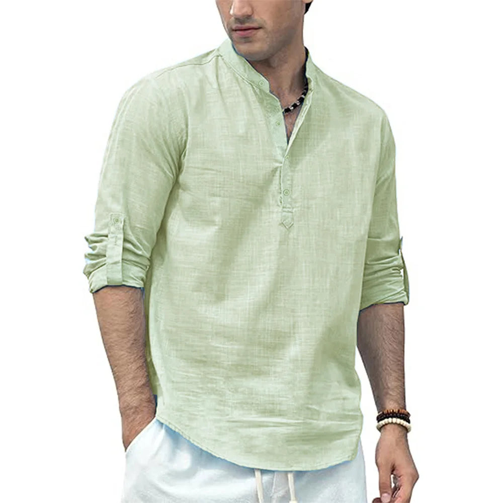 Men's Grandad Collar Long Sleeve Shirt with Button Placket