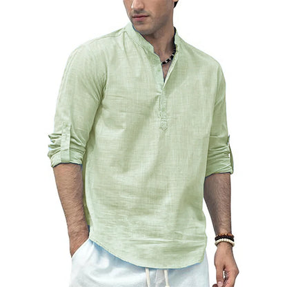 Men's Grandad Collar Long Sleeve Shirt with Button Placket