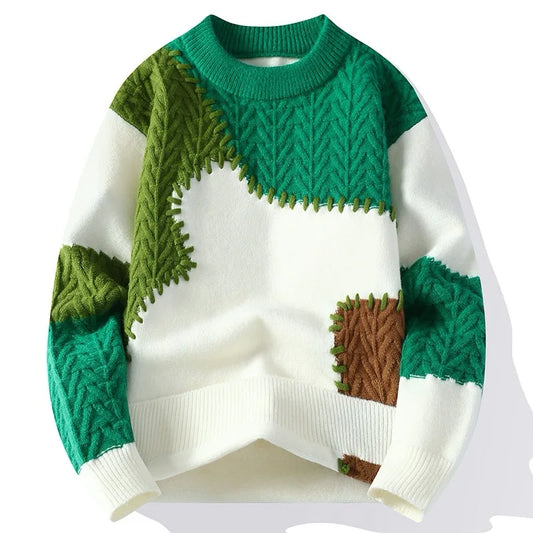 Men's Knitted Crew Neck Jumper with Patchwork Colourblock Design