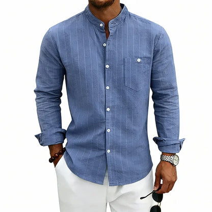 Men's Long Sleeve Grandad Collar Shirt with Chest Pocket