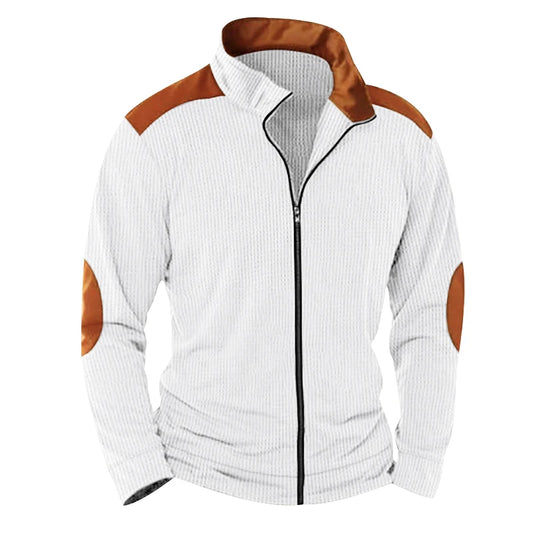 Men's Zip Up Knitted Jacket – Long Sleeve Stand Collar with Elbow Patches and Ribbed Hem
