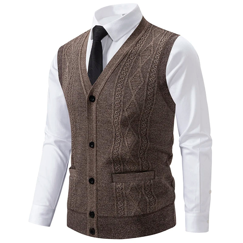 Men's Knitted Waistcoat with V Neck and Button Fastening