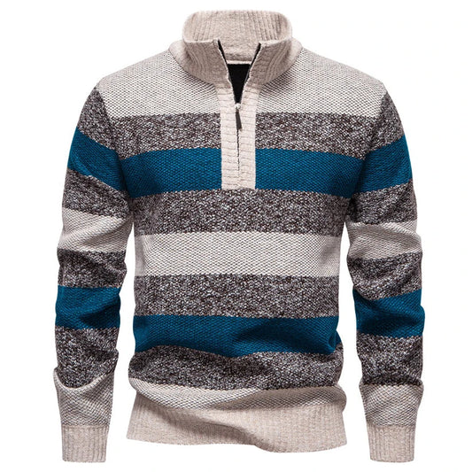 Men's Knitted Striped Half Zip Jumper – Long Sleeve High Neck Pullover Sweater
