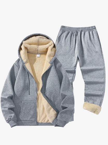 Men's Hooded Tracksuit Set with Sherpa-Lined Jacket and Jogger Trousers – Warm Winter Wear