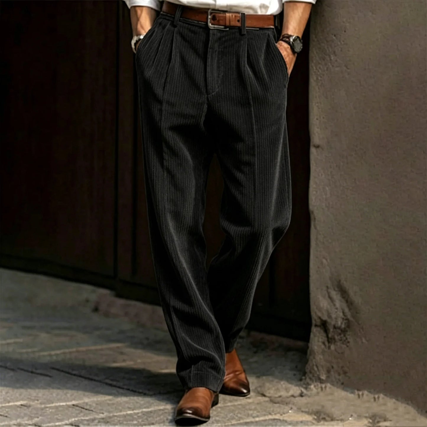 Men's Pleated Trousers – Relaxed Fit Tapered Leg Corduroy Style