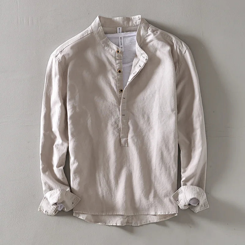 Men's Long Sleeve Grandad Collar Shirt with Half Placket