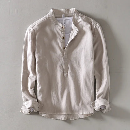 Men's Long Sleeve Grandad Collar Shirt with Half Placket