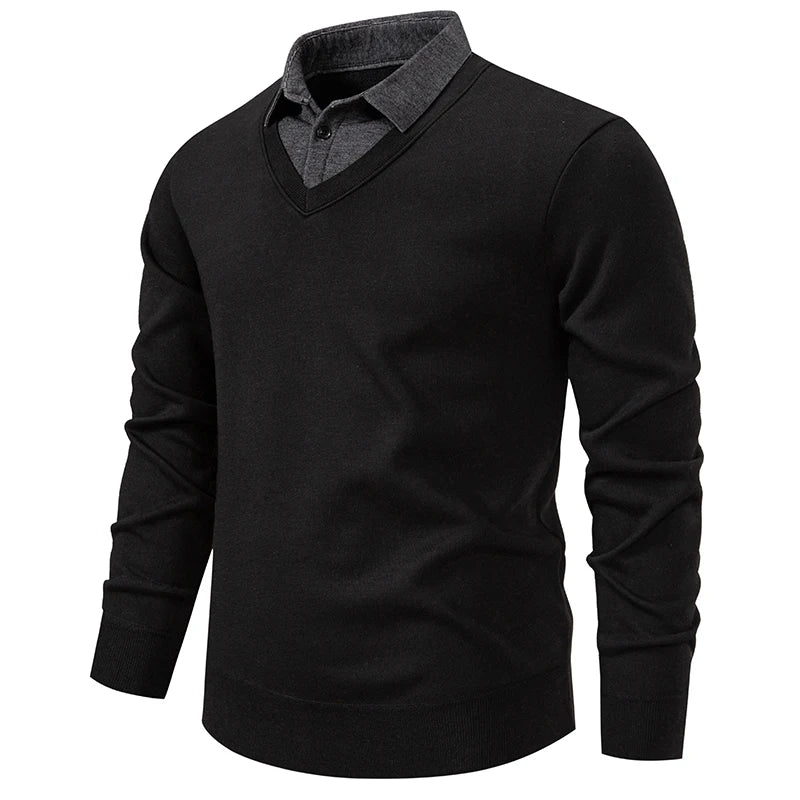 Men's V-Neck Jumper with Long Sleeves and Ribbed Trim