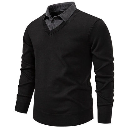 Men's V-Neck Jumper with Long Sleeves and Ribbed Trim