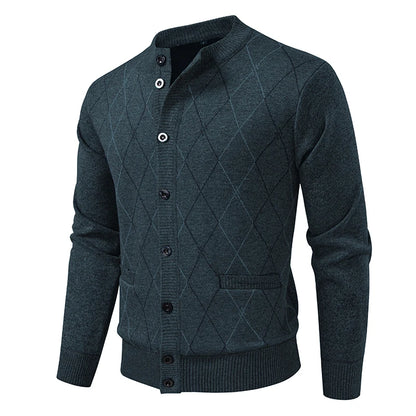 Men's Argyle Knit Cardigan with Button Front and Stand Collar