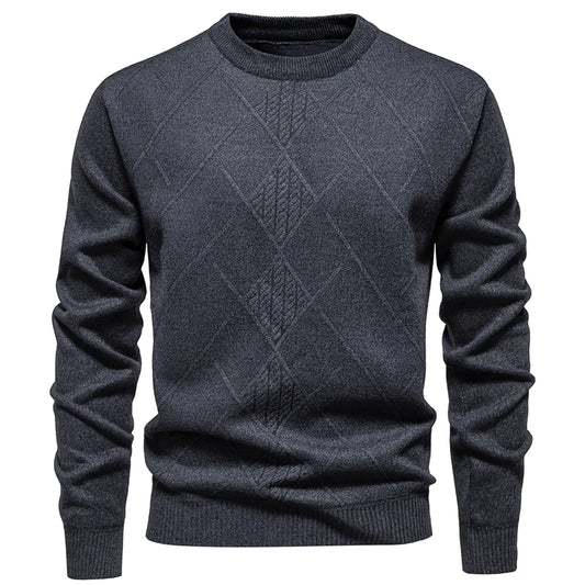 Men's Knitted Crew Neck Jumper with Diamond Pattern Detail