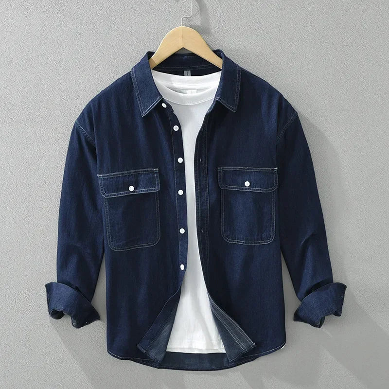 Men's Denim Shirt with Dual Chest Pockets and Long Sleeves