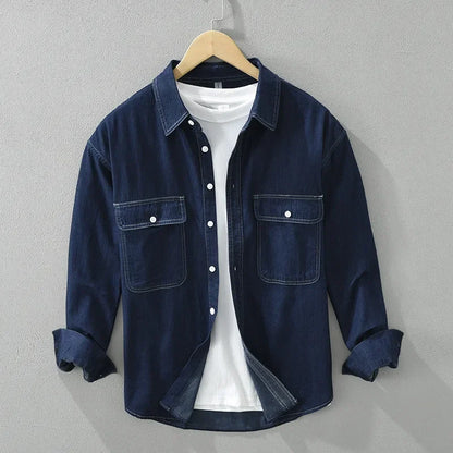 Men's Denim Shirt with Dual Chest Pockets and Long Sleeves