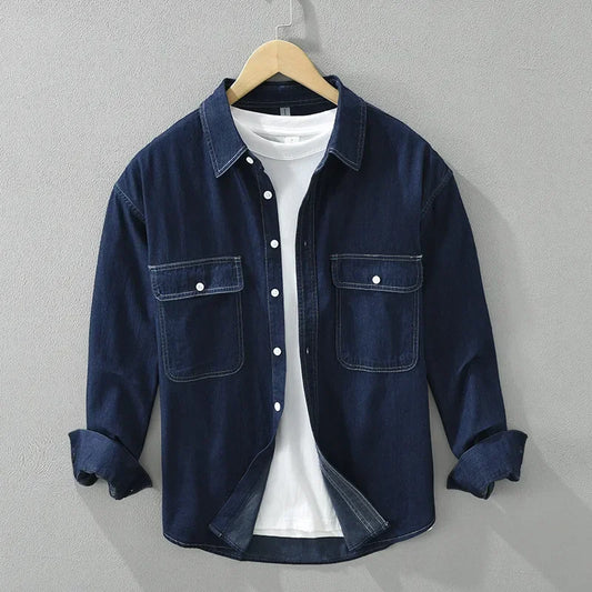 Men's Denim Shirt with Dual Chest Pockets and Long Sleeves