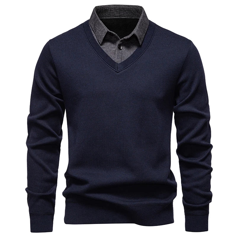 Men's V-Neck Jumper with Long Sleeves and Ribbed Trim