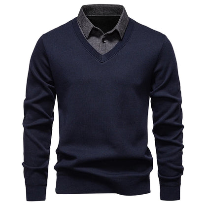 Men's V-Neck Jumper with Long Sleeves and Ribbed Trim