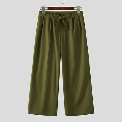 Men's Wide Leg Pleated Trousers with Belt Loops