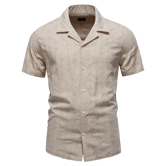 Men's Short Sleeve Shirt with Textured Pattern and Open Collar