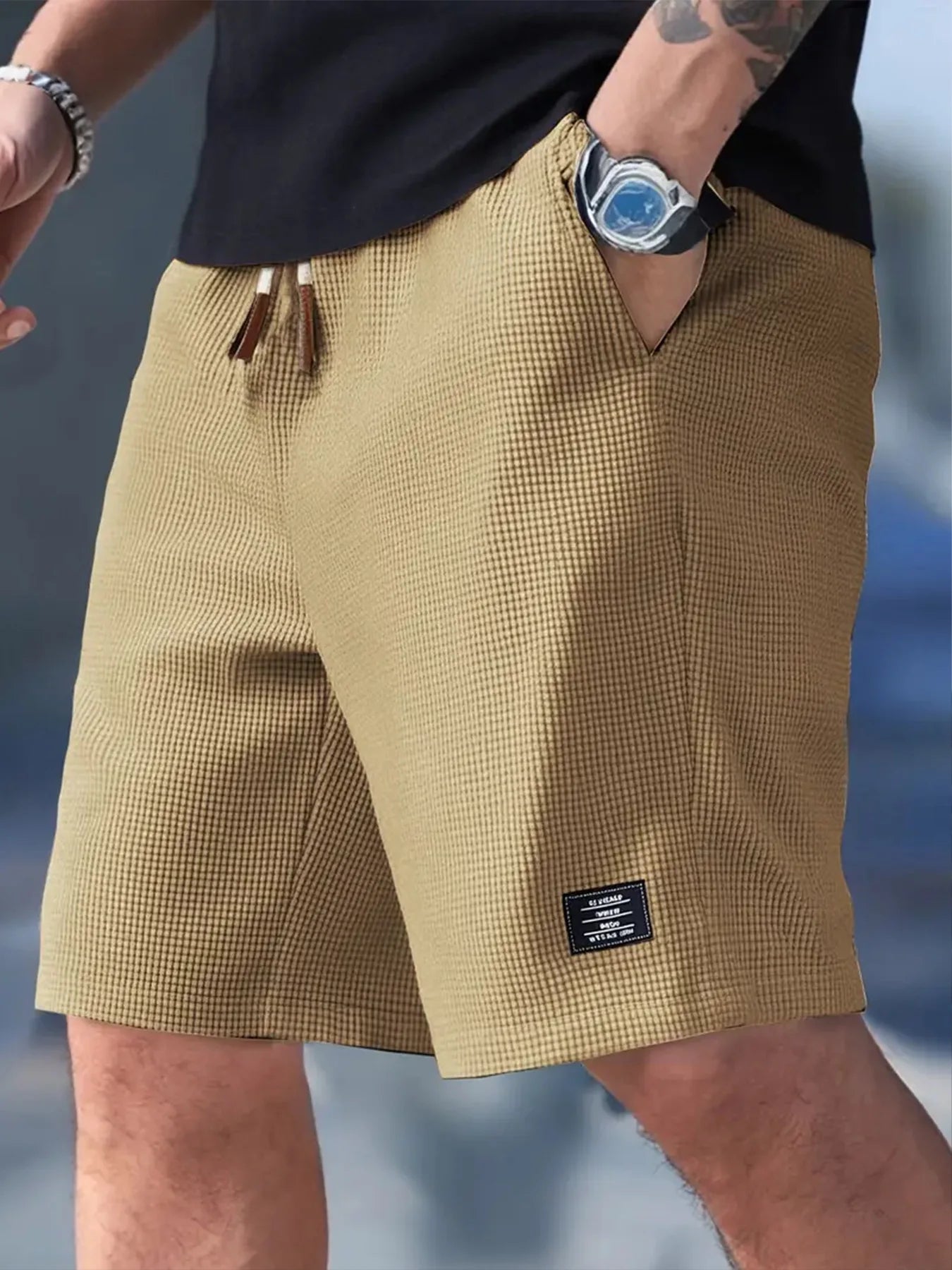Men's Textured Shorts with Drawstring Waist and Pockets