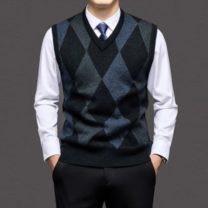 Men's Argyle Knit Jumper Vest with V-Neck and Ribbed Trim