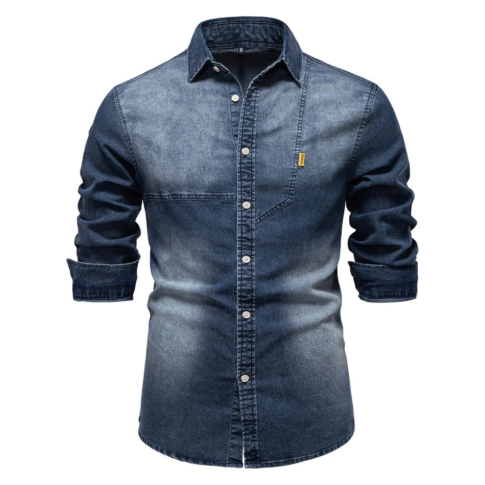 Men's Denim Shirt with Long Sleeves and Button Front