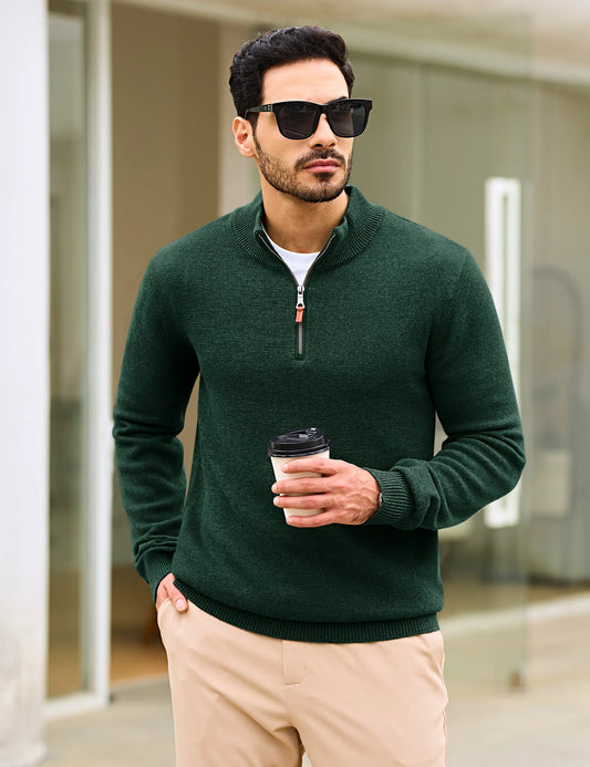 Men's Quarter Zip Jumper – Long Sleeve Knitted Sweater with Stand Collar