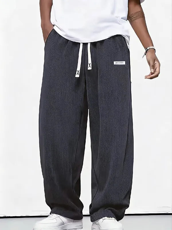 Men's Wide Leg Trousers Pleated Texture Drawstring Waist