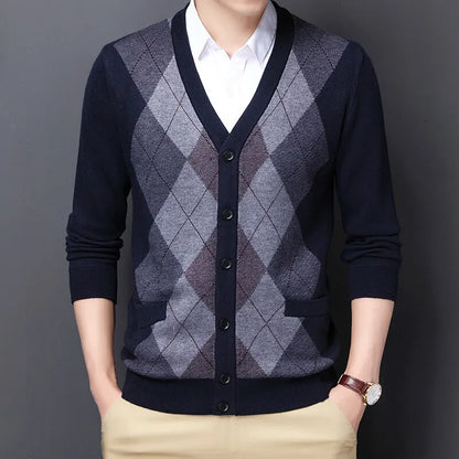Men's Argyle Knit Cardigan with Button Front and V-Neck