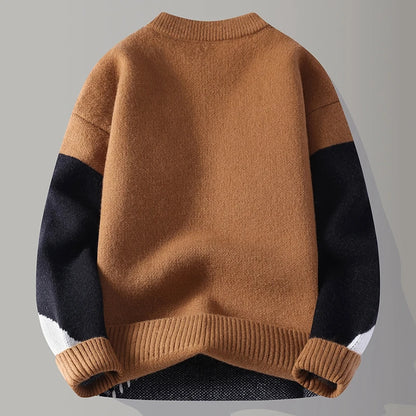 Men's Colour Block Knit Jumper with Crew Neck Geometric Design