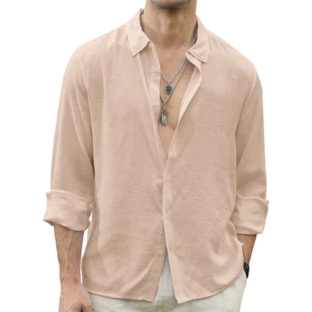 Men's Long Sleeve Casual Shirt with Open Collar