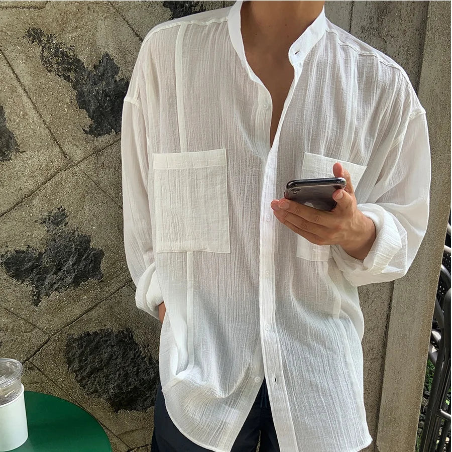 Men's Long Sleeve Grandad Collar Shirt with Chest Pockets