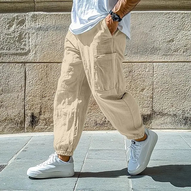 Men's Tapered Cargo Trousers with Elasticated Waist and Pockets