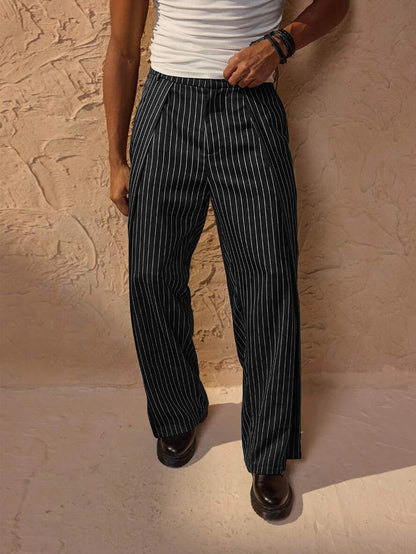Men's Striped Trousers Relaxed Fit Elasticated Waist Straight Leg