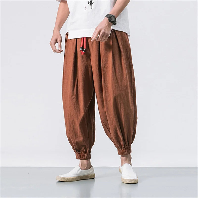Men's Harem Trousers Loose Fit Pleated Drawstring Waist