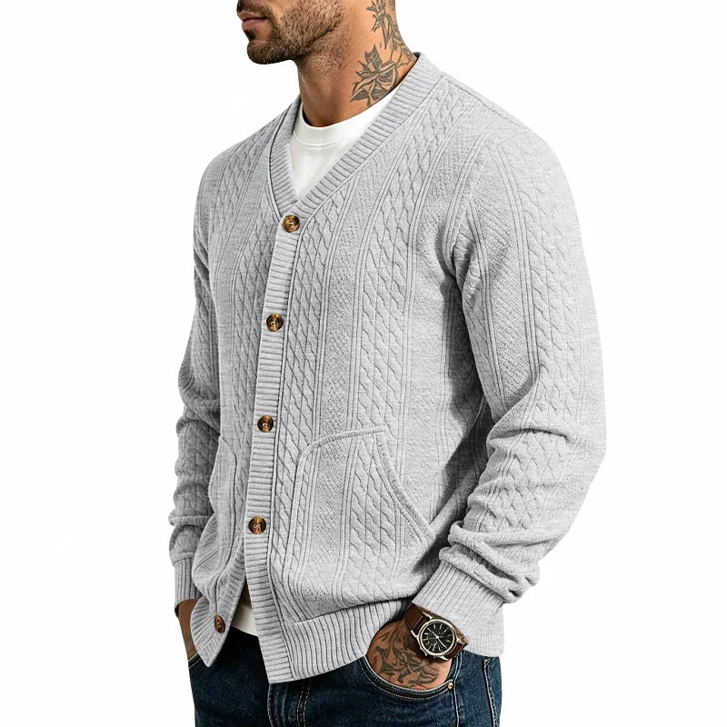 Men's Cable Knit Cardigan with V-Neck and Button Front