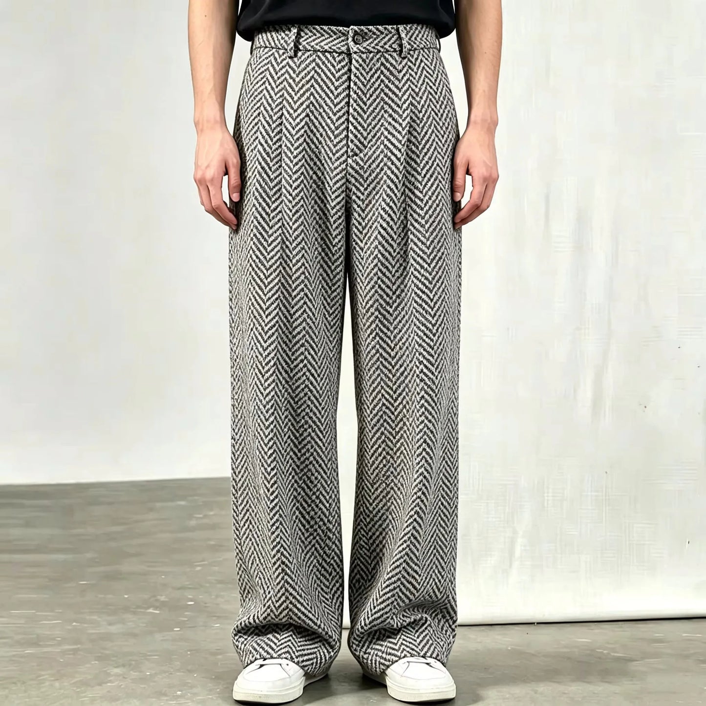 Men's Wide Leg Trousers with Pleated Front and Pockets