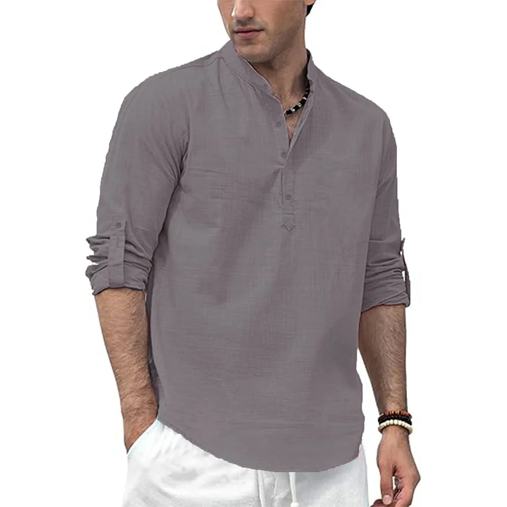 Men's Grandad Collar Long Sleeve Shirt with Button Placket