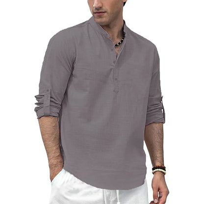 Men's Grandad Collar Long Sleeve Shirt with Button Placket