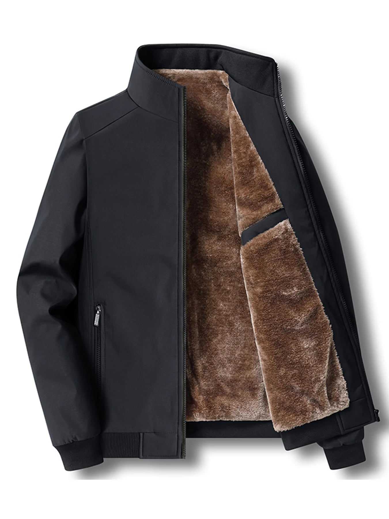 Men's Shearling Lined Jacket – Full Zip Front Stand Collar Ribbed Cuffs and Hem