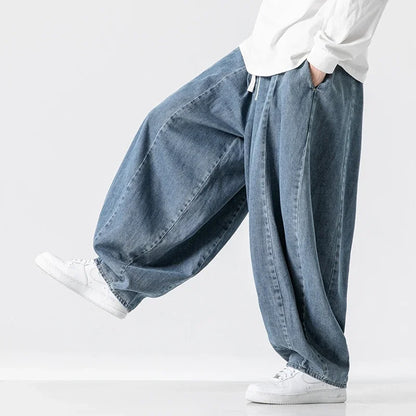 Men's Loose Fit Denim Harem Trousers with Drawstring Waist