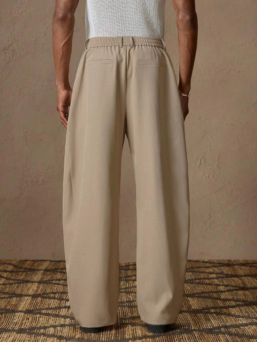 Men's Loose Fit Wide Leg Pleated Trousers with Pockets