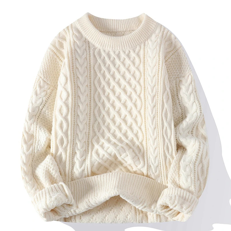 Men's Cable Knit Crew Neck Jumper with Ribbed Trims