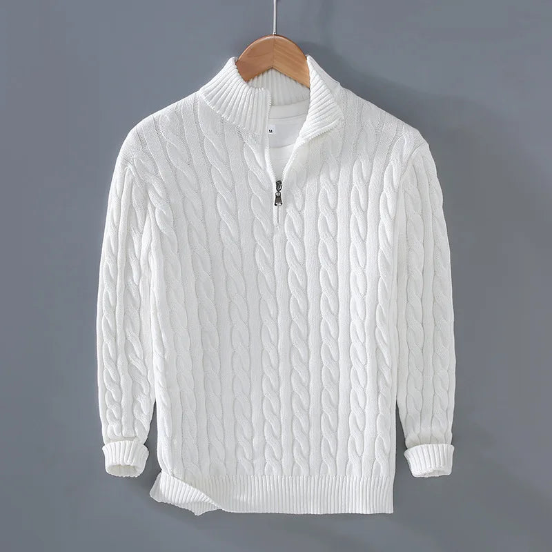 Men's Cable Knit Jumper Quarter Zip High Neck