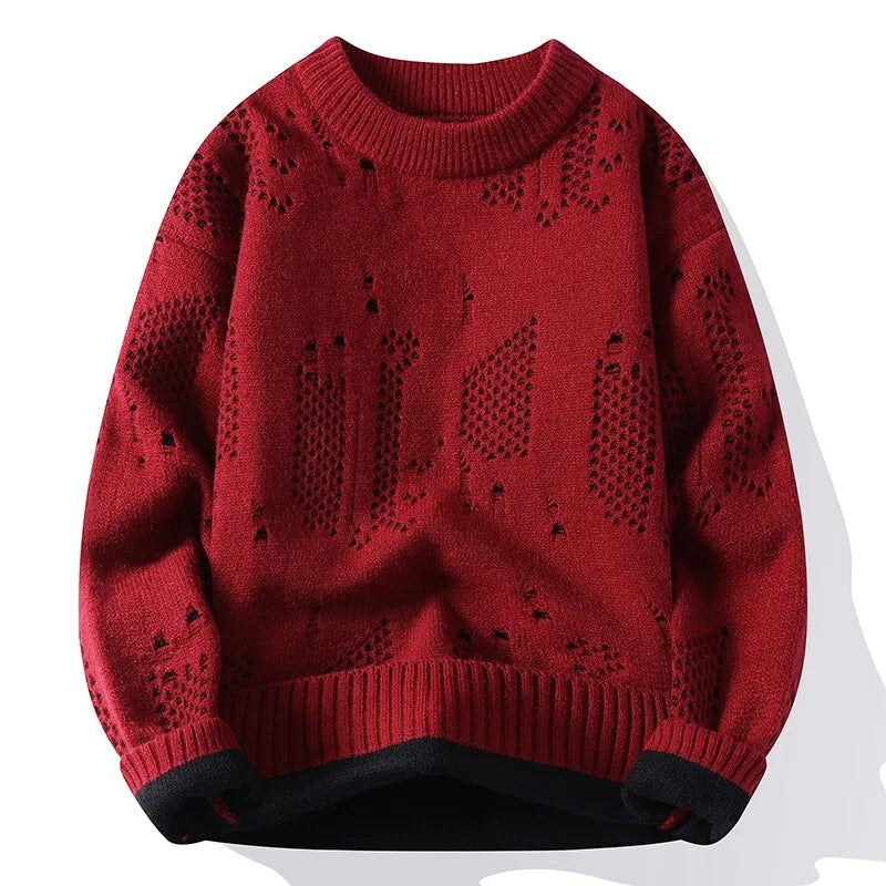 Men's Openwork Knit Jumper with Crew Neck Pattern Details