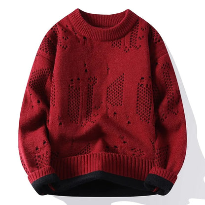 Men's Openwork Knit Jumper with Crew Neck Pattern Details