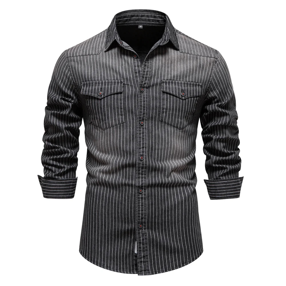 Men's Long Sleeve Striped Shirt with Dual Chest Pockets