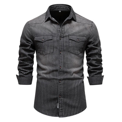 Men's Long Sleeve Striped Shirt with Dual Chest Pockets