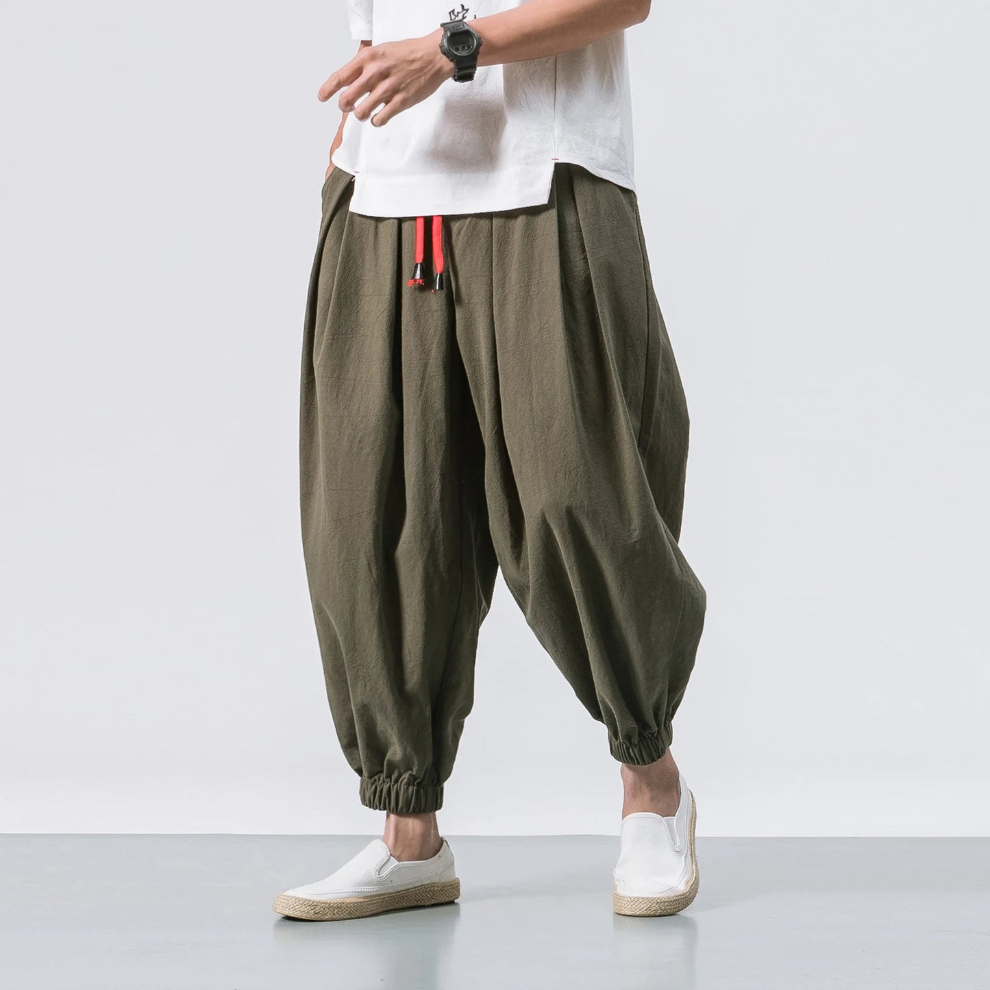 Men's Harem Trousers Loose Fit Pleated Drawstring Waist