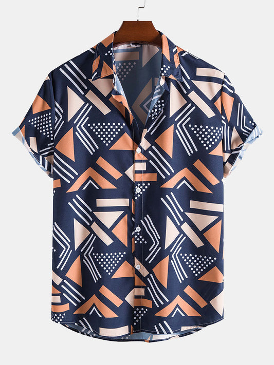Men's Geometric Print Shirt with Elastic Waist Shorts Set